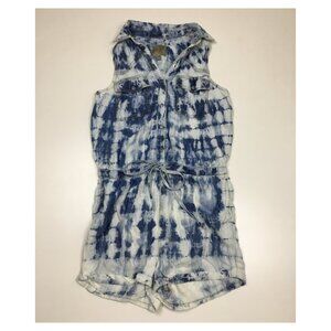 GUESS Dark Wash Bleached Printed Drawstring Waist Cuffed Hem One Piece Romper
